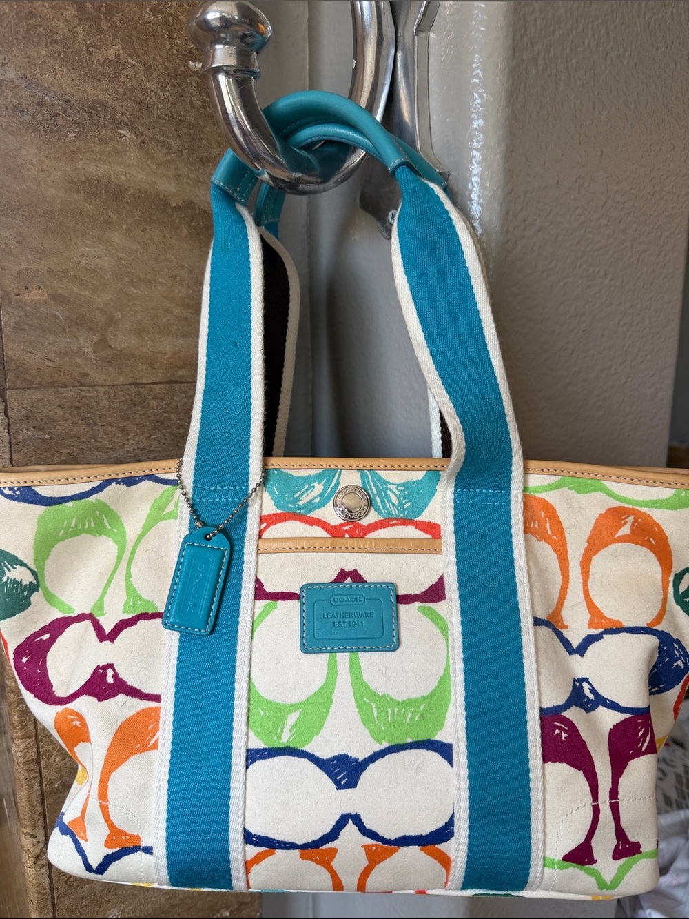 Coach purse Multicolor scribble Print Canvas Tote Turquoise Straps leather trim